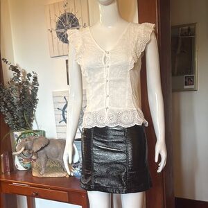 NWT size XS FDJ White Lace Button-Up Top and Black Leather Skirt